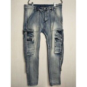 Embellish Pockets Stone Wash Cargo Moto Hawk Biker Jeans Men Size 38 Blue